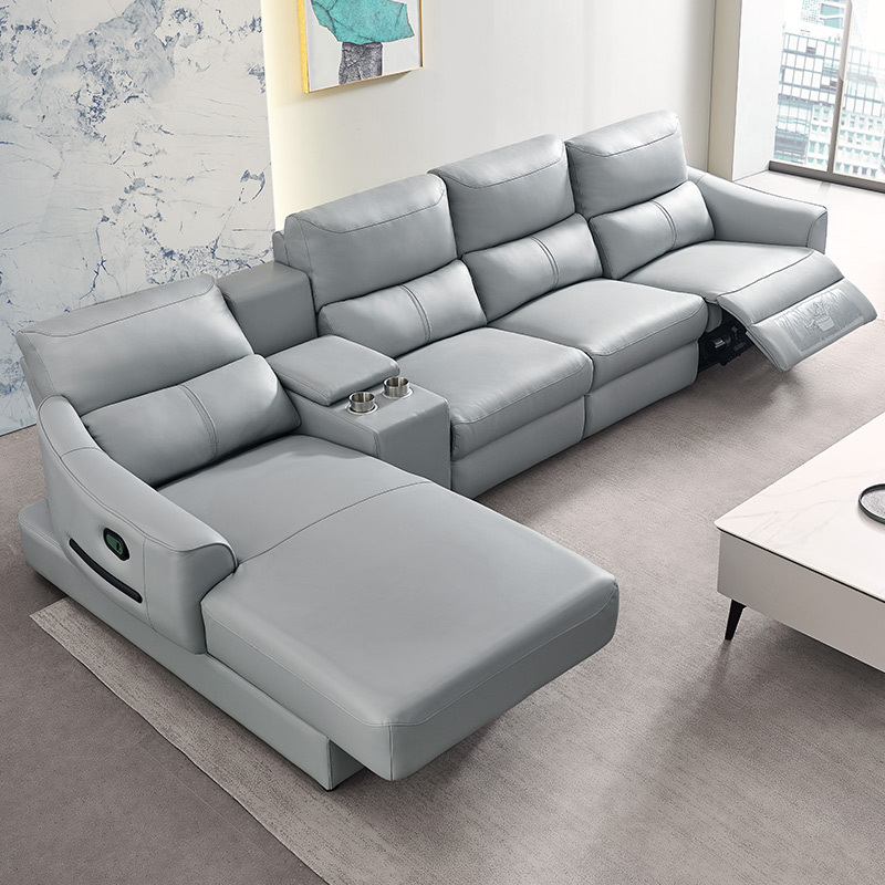 Electric multi-functional retractable sofa, cowhide sofa living room furniture in line combination, three seat sofa and chaise and middle console