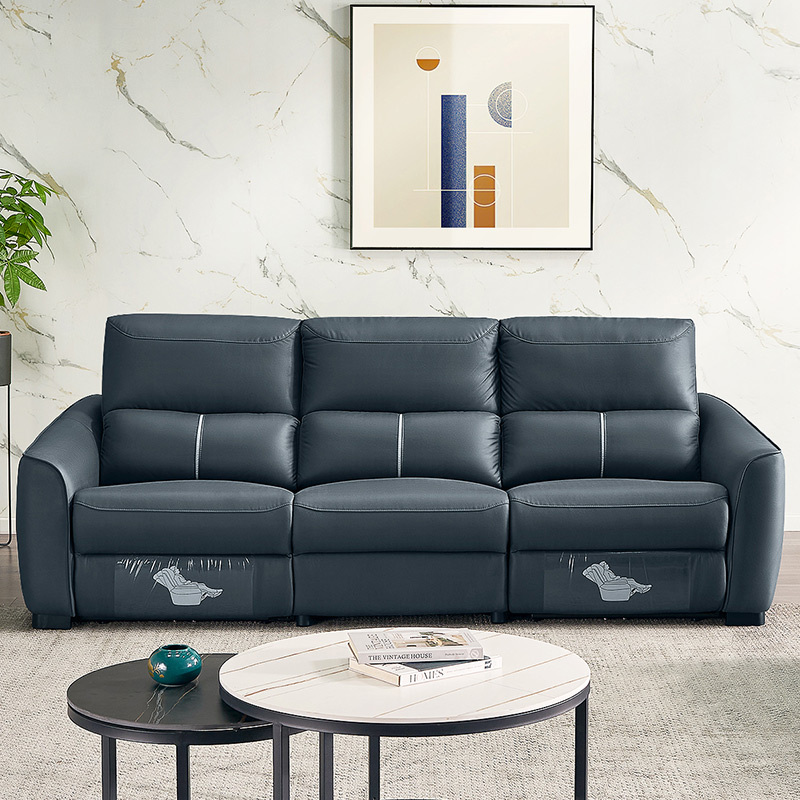 Electric multi-functional retractable sofa, cowhide sofa living room furniture in line combination, three seat sofa