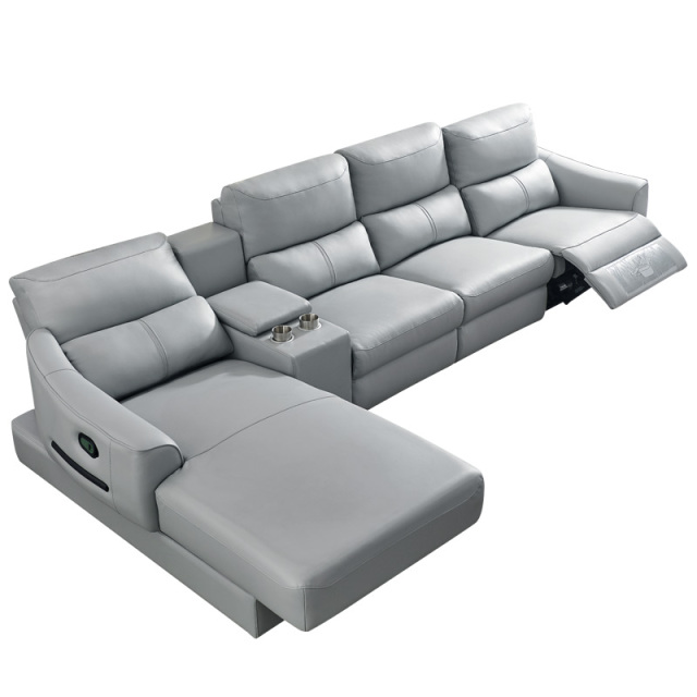 Electric multi-functional retractable sofa, cowhide sofa living room furniture in line combination, three seat sofa and chaise and middle console