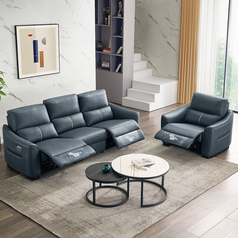 Electric multi-functional retractable sofa, cowhide sofa living room furniture in line combination, three seat sofa and single seat sofa