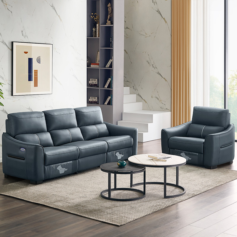 Electric multi-functional retractable sofa, cowhide sofa living room furniture in line combination, three seat sofa and single seat sofa
