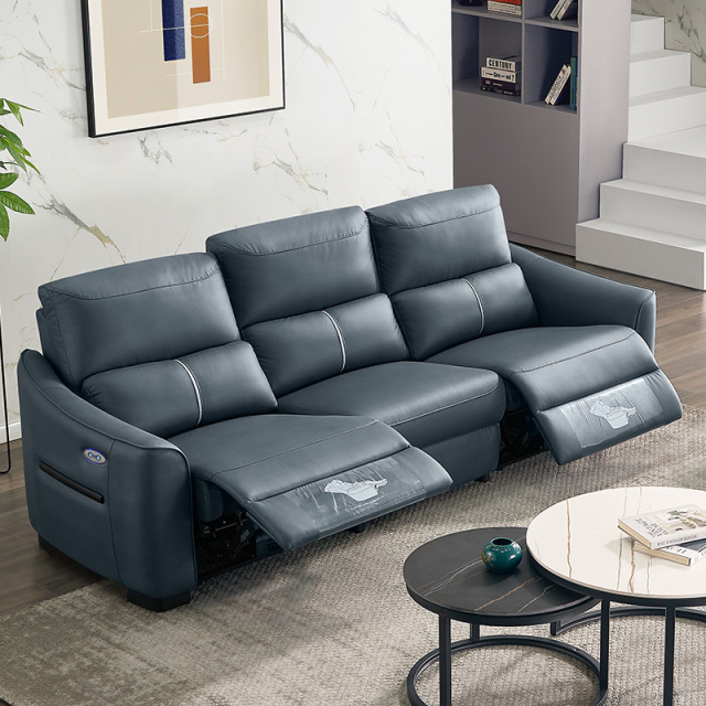 Electric multi-functional retractable sofa, cowhide sofa living room furniture in line combination, three seat sofa