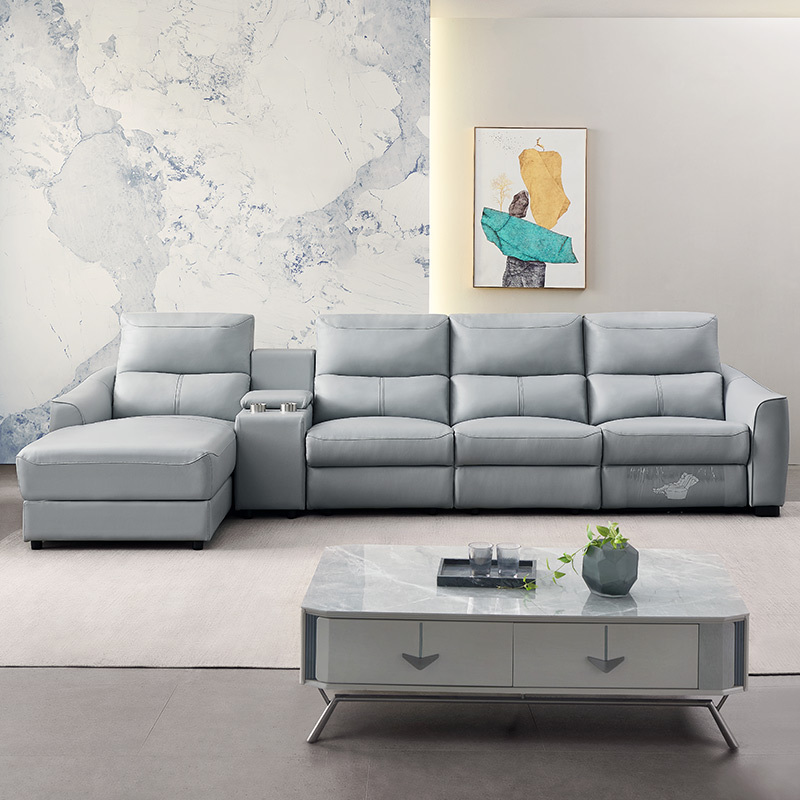 Electric multi-functional retractable sofa, cowhide sofa living room furniture in line combination, three seat sofa and chaise and middle console