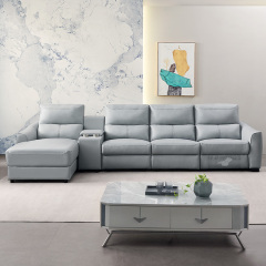 Electric multi-functional retractable sofa, cowhide sofa living room furniture in line combination, three seat sofa and chaise and middle console