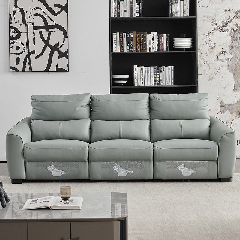 Electric multi-functional retractable sofa, cowhide sofa living room furniture in line combination, three seat sofa