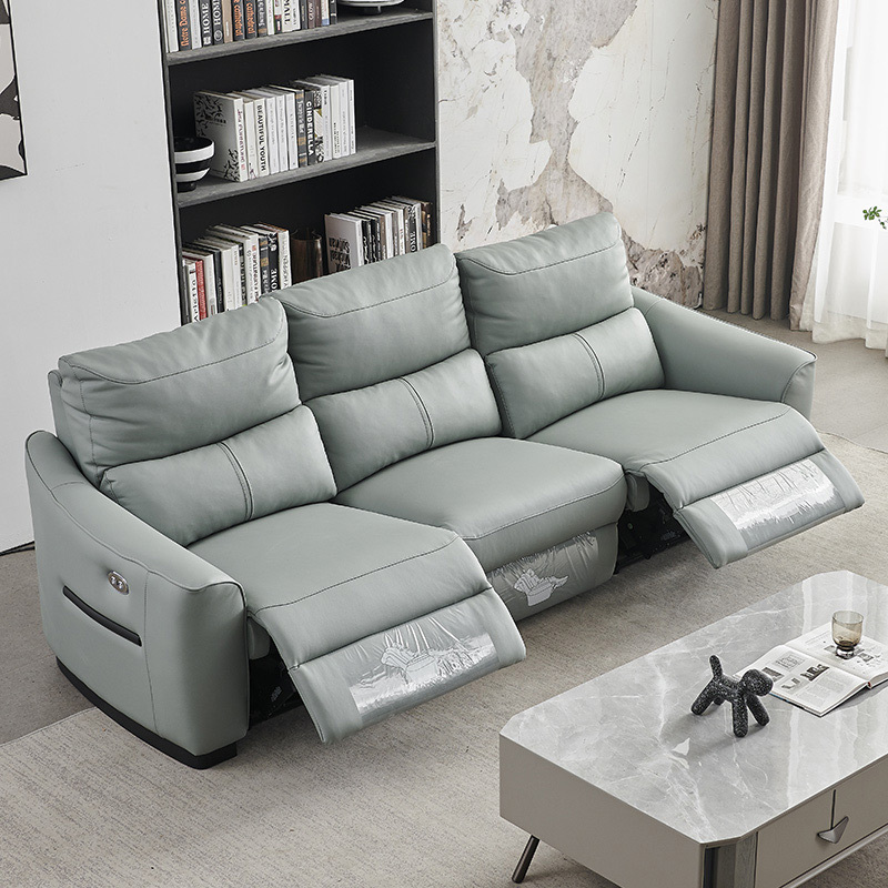 Electric multi-functional retractable sofa, cowhide sofa living room furniture in line combination, three seat sofa