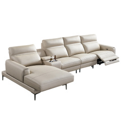 Electric multi-functional retractable sofa, cowhide sofa living room furniture in line combination, three seat sofa and chaise and middle console