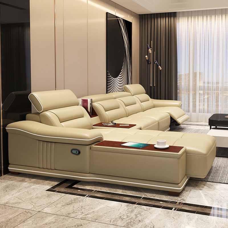 Electric multi-functional retractable sofa, cowhide sofa living room furniture in line combination, three seat sofa and chaise and middle console