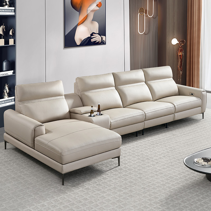 Electric multi-functional retractable sofa, cowhide sofa living room furniture in line combination, three seat sofa and chaise and middle console