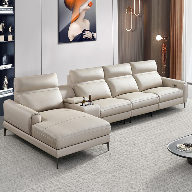 Electric multi-functional retractable sofa, cowhide sofa living room furniture in line combination, three seat sofa and chaise and middle console