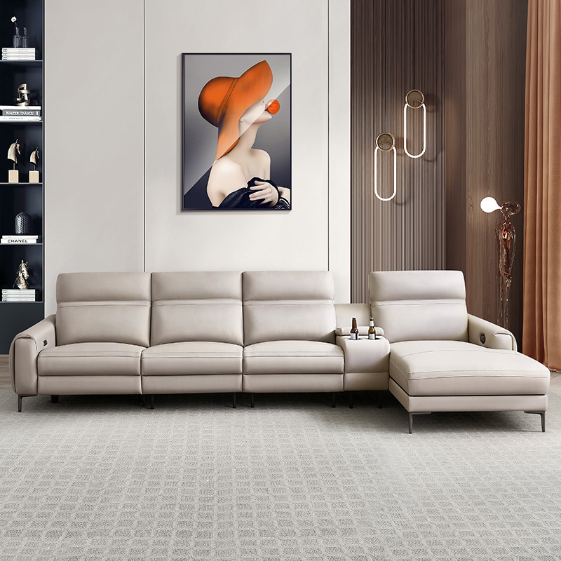 Electric multi-functional retractable sofa, cowhide sofa living room furniture in line combination, three seat sofa and chaise and middle console