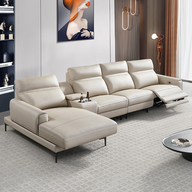 Electric multi-functional retractable sofa, cowhide sofa living room furniture in line combination, three seat sofa and chaise and middle console