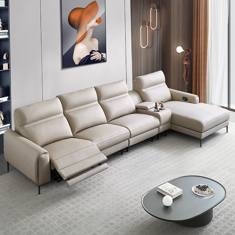 Electric multi-functional retractable sofa, cowhide sofa living room furniture in line combination, three seat sofa and chaise and middle console