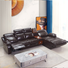 Electric multi-functional retractable sofa, cowhide sofa living room furniture in line combination, three seat sofa and chaise and middle console