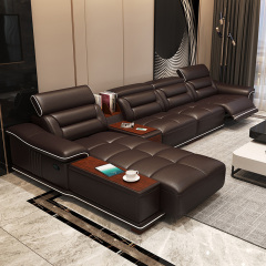 Electric multi-functional retractable sofa, cowhide sofa living room furniture in line combination, three seat sofa and chaise and middle console