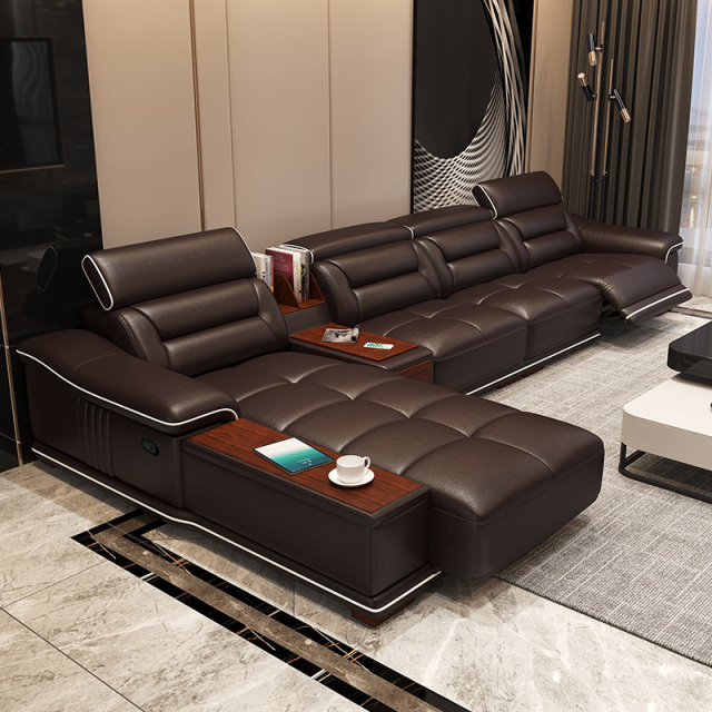 Electric multi-functional retractable sofa, cowhide sofa living room furniture in line combination, three seat sofa and chaise and middle console