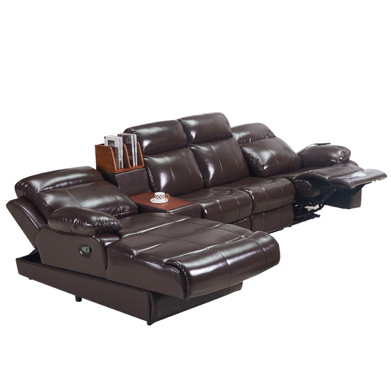 Electric multi-functional retractable sofa, cowhide sofa living room furniture in line combination, three seat sofa and chaise and middle console