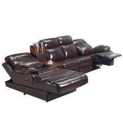 Electric multi-functional retractable sofa, cowhide sofa living room furniture in line combination, three seat sofa and chaise and middle console