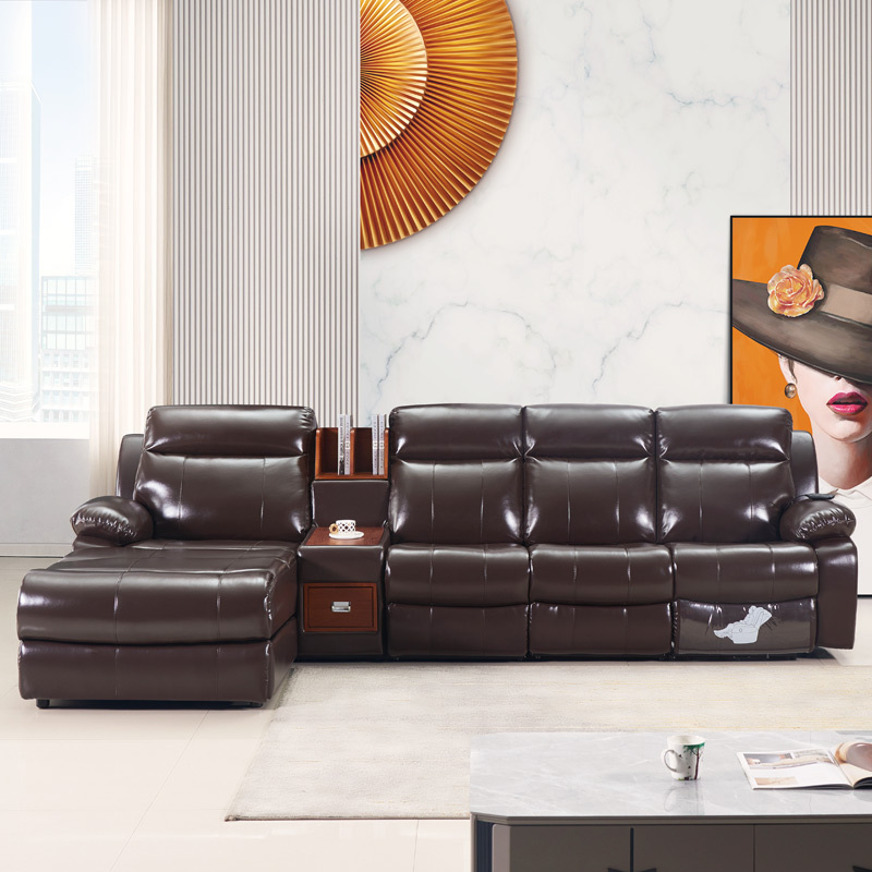 Electric multi-functional retractable sofa, cowhide sofa living room furniture in line combination, three seat sofa and chaise and middle console
