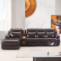 Electric multi-functional retractable sofa, cowhide sofa living room furniture in line combination, three seat sofa and chaise and middle console