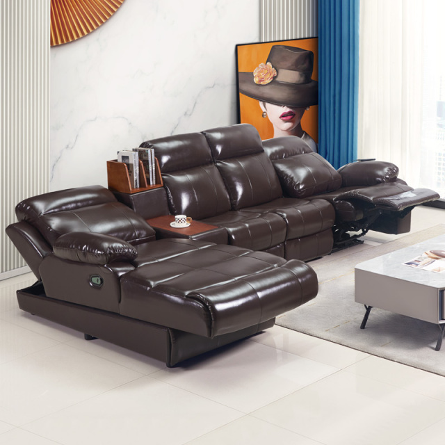 Electric multi-functional retractable sofa, cowhide sofa living room furniture in line combination, three seat sofa and chaise and middle console