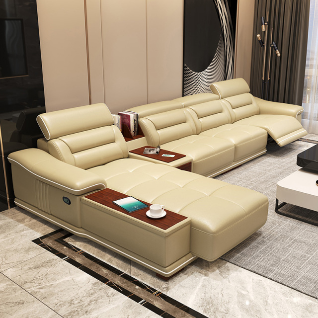 Electric multi-functional retractable sofa, cowhide sofa living room furniture in line combination, three seat sofa and chaise and middle console