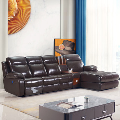 Electric multi-functional retractable sofa, cowhide sofa living room furniture in line combination, three seat sofa and chaise and middle console