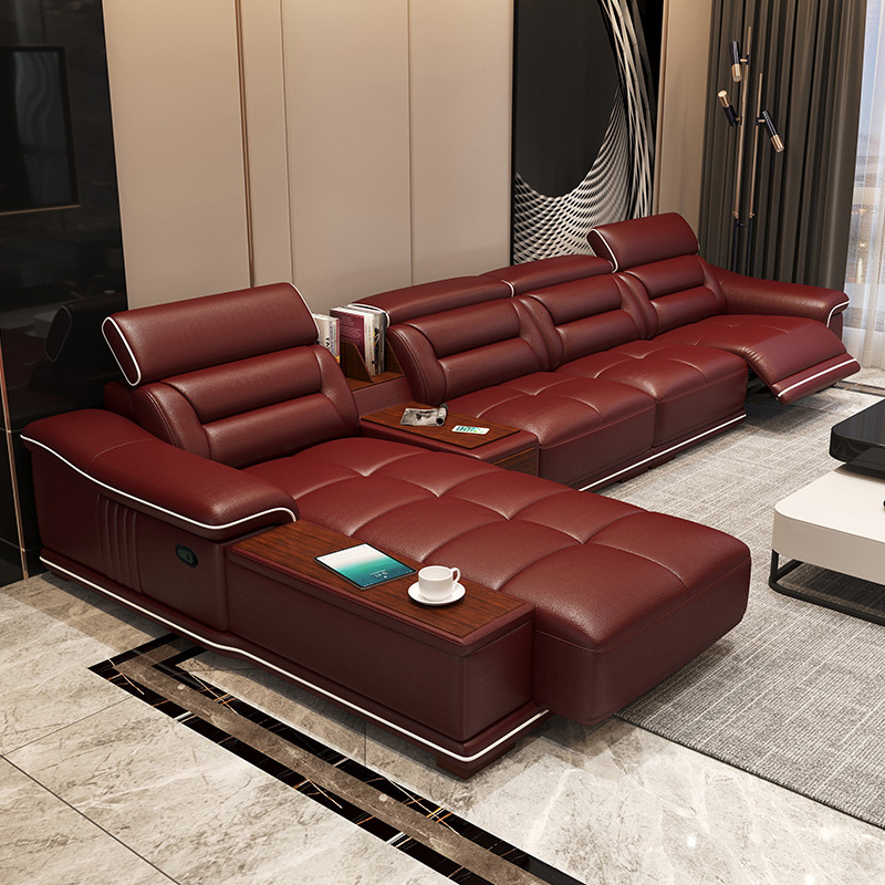 Electric multi-functional retractable sofa, cowhide sofa living room furniture in line combination, three seat sofa and chaise and middle console