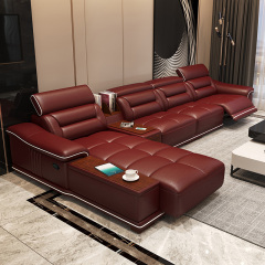 Electric multi-functional retractable sofa, cowhide sofa living room furniture in line combination, three seat sofa and chaise and middle console