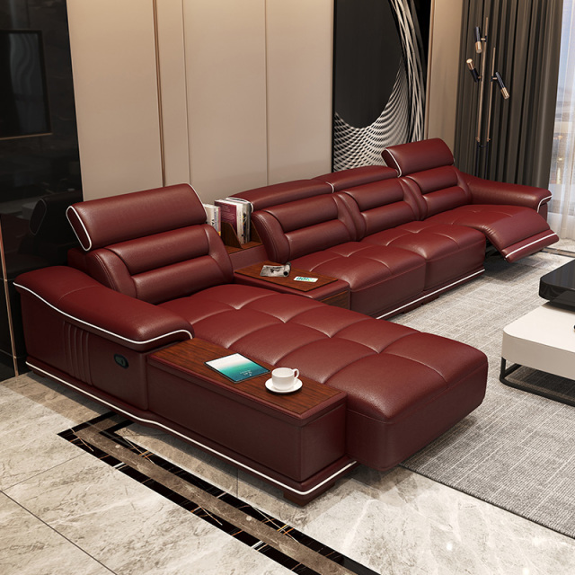 Electric multi-functional retractable sofa, cowhide sofa living room furniture in line combination, three seat sofa and chaise and middle console