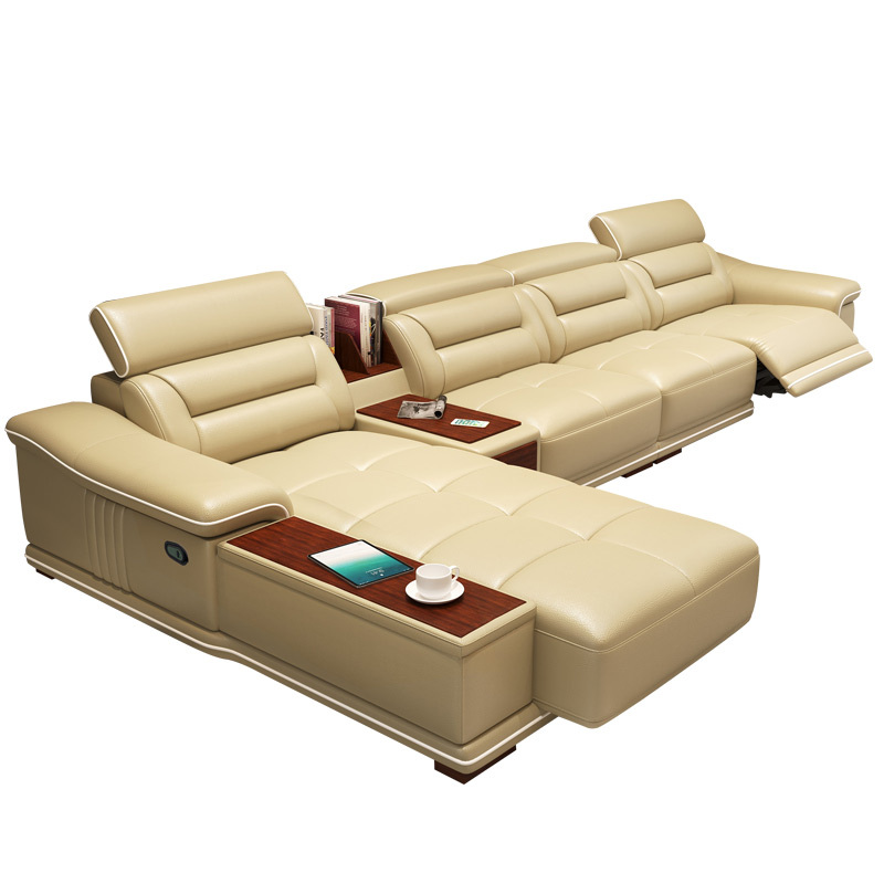 Electric multi-functional retractable sofa, cowhide sofa living room furniture in line combination, three seat sofa and chaise and middle console