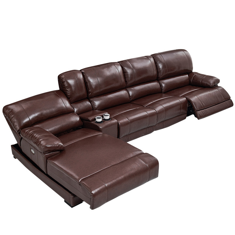 Electric multi-functional retractable sofa, cowhide sofa living room furniture in line combination, three seat sofa and chaise and middle console