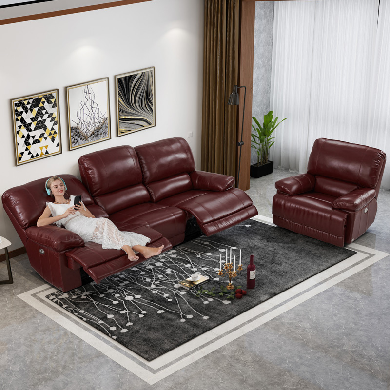 Electric multi-functional retractable sofa, cowhide sofa living room furniture in line combination, three seat sofa and single seat sofa