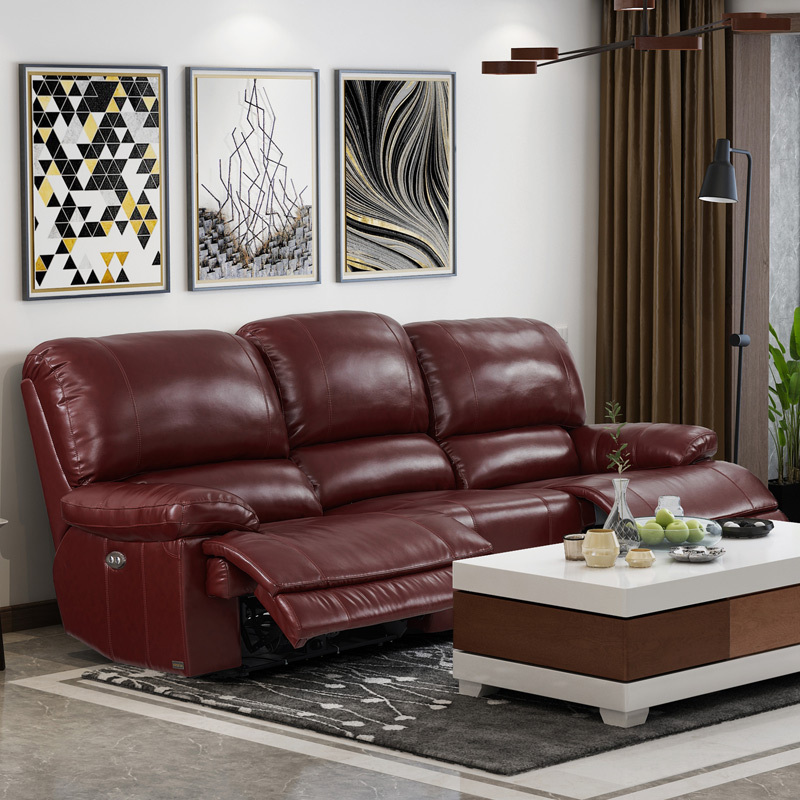 Electric multi-functional retractable sofa, cowhide sofa living room furniture in line combination, three seat sofa and single seat sofa