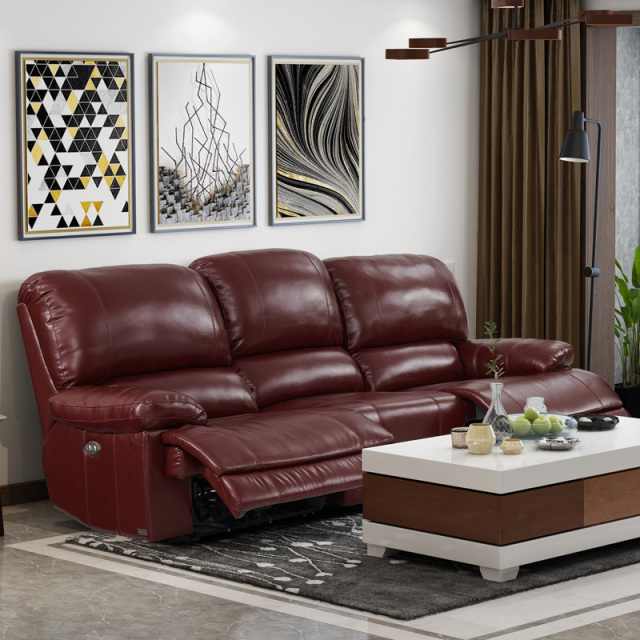 Electric multi-functional retractable sofa, cowhide sofa living room furniture in line combination, three seat sofa and single seat sofa