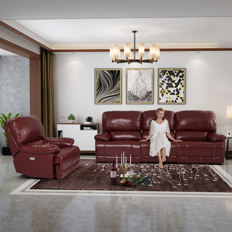 Electric multi-functional retractable sofa, cowhide sofa living room furniture in line combination, three seat sofa and single seat sofa