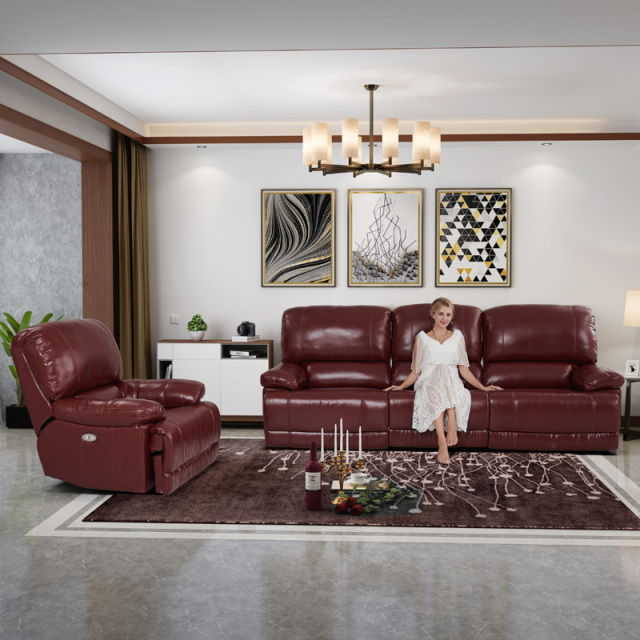Electric multi-functional retractable sofa, cowhide sofa living room furniture in line combination, three seat sofa and single seat sofa