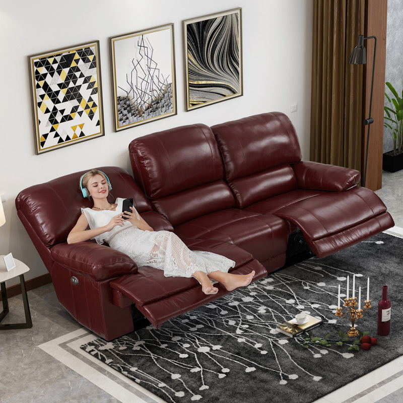 Electric multi-functional retractable sofa, cowhide sofa living room furniture in line combination, two seat sofa