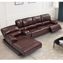 Electric multi-functional retractable sofa, cowhide sofa living room furniture in line combination, three seat sofa and chaise and middle console