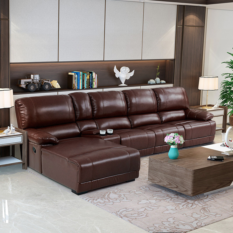 Electric multi-functional retractable sofa, cowhide sofa living room furniture in line combination, three seat sofa and chaise and middle console