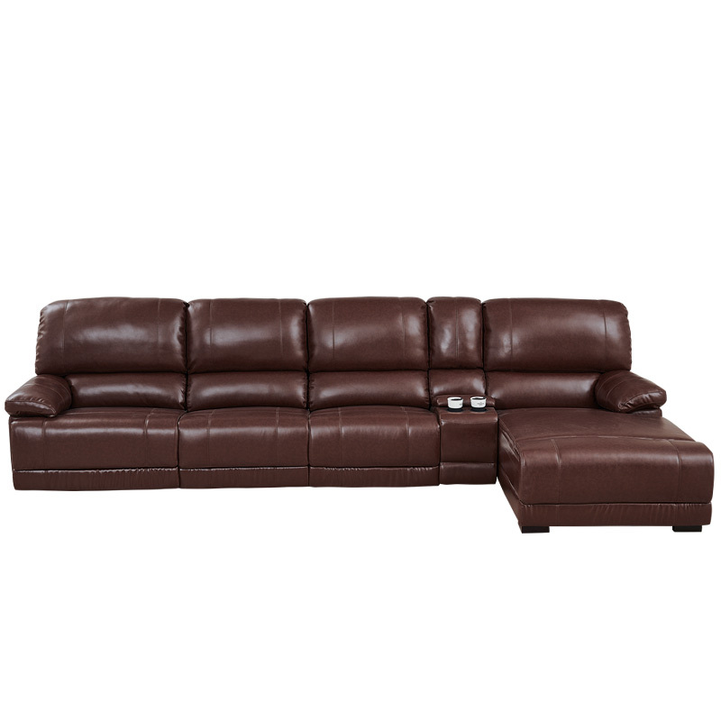 Electric multi-functional retractable sofa, cowhide sofa living room furniture in line combination, three seat sofa and chaise and middle console