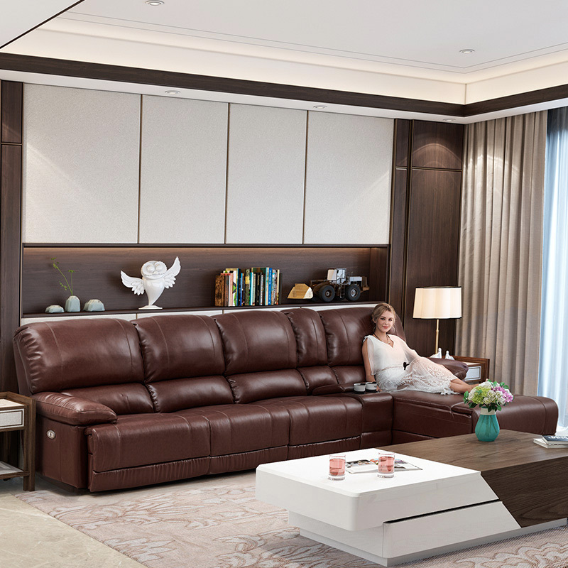 Electric multi-functional retractable sofa, cowhide sofa living room furniture in line combination, three seat sofa and chaise and middle console