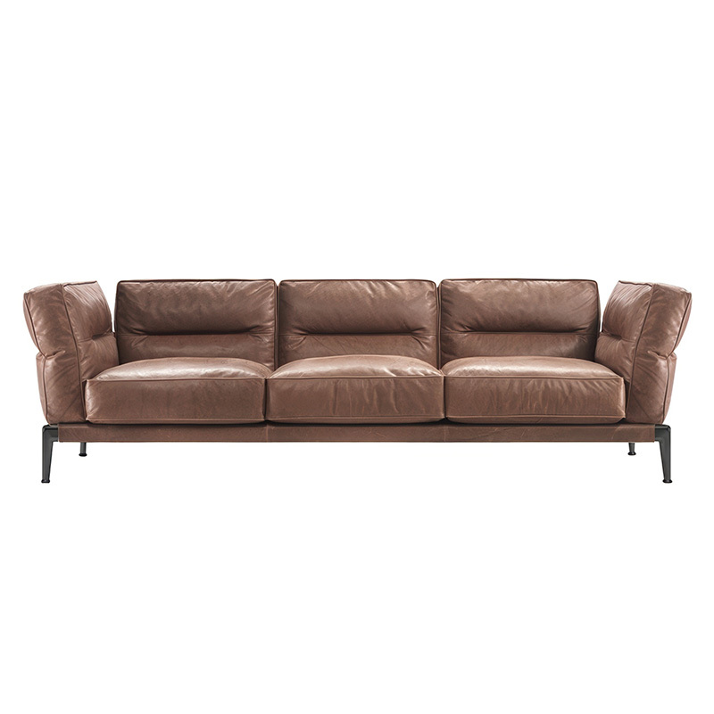 Italian minimalist sofa living room straight row designer leather light luxury villa Large floor, 3 seats