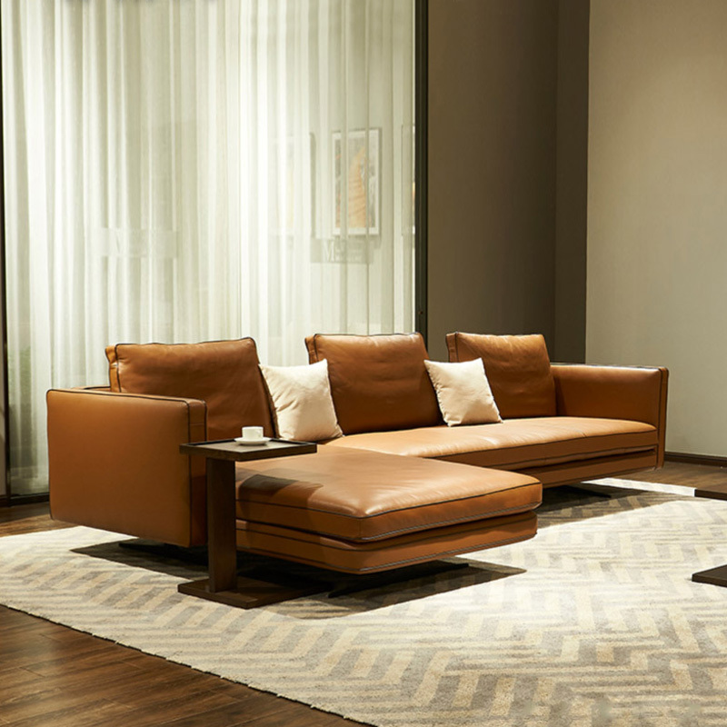 Italian minimalist sofa living room straight row designer leather light luxury villa Large floor, 3 seats + chaise