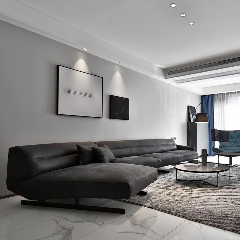 Italian minimalist sofa living room straight row designer leather light luxury villa Large floor, 3 seats + chaise