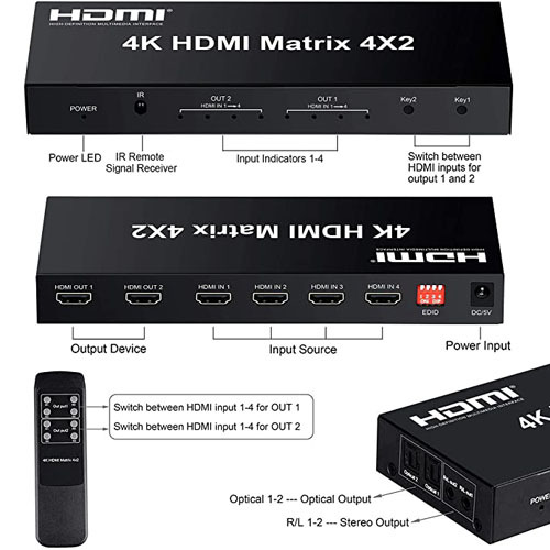 4x2 HDMI Matrix Switch,4 in 2 Out Matrix HDMI Video Switcher Splitter +Optical & L/R Audio Output,Support Ultra HD 4K x 2K,3D 1080P,Audio EDID Extractor with IR Remote Control &Power Adapter