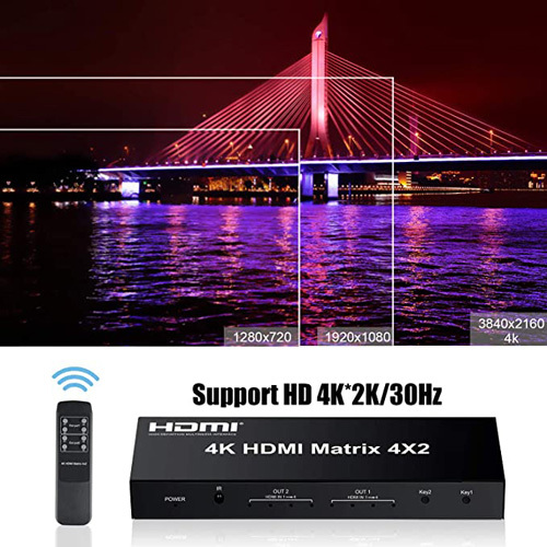 4x2 HDMI Matrix Switch,4 in 2 Out Matrix HDMI Video Switcher Splitter +Optical & L/R Audio Output,Support Ultra HD 4K x 2K,3D 1080P,Audio EDID Extractor with IR Remote Control &Power Adapter