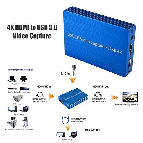 4K HDMI to USB 3.0 Capture Card Dongle 1080P Output HDMI Loopout Video Recorder Grabber for OBS Capturing Game Live Streaming