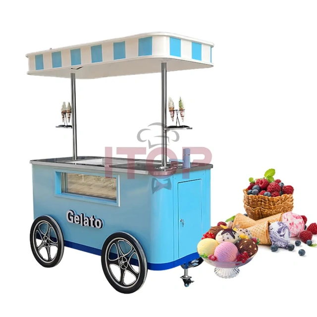 IT-ICC-M1 Ice Cream Display And Selling Cart Hand Push Gelato Showcase Cart Freezer Ice Cream Vending Carts