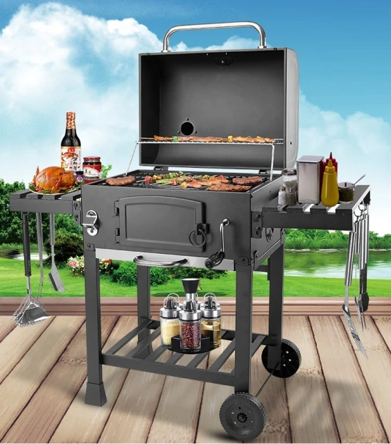 Outdoor Commercial Charcoal Rotisserie Rotating BBQ Grill Cast Iron Barbecue Carbon Smokers Grill Trolley